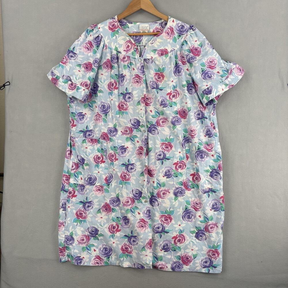 Vintage Simply Basic Robe Womens 2X Short Sleeve Blue Floral Kaftan Housecoat